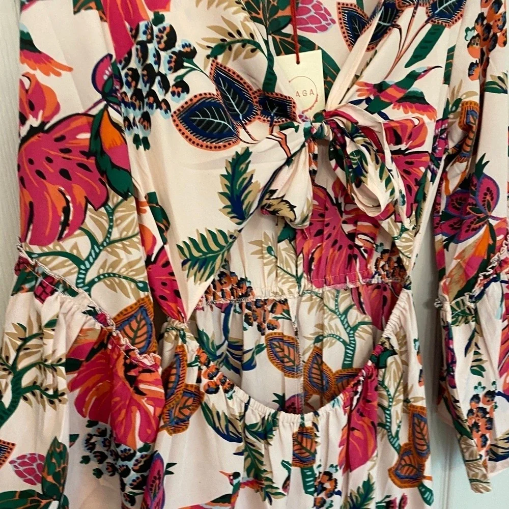 Raga Floral Cutout Bell Sleeve High Low Midi Dress Pink Multi R4561 Womens M NEW
